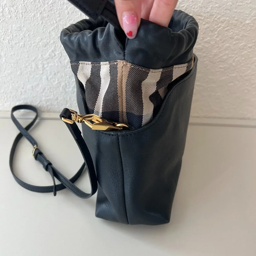 Burberry Peyton Navy Leather House Check Drawstring Crossbody - Picture 5 of 7